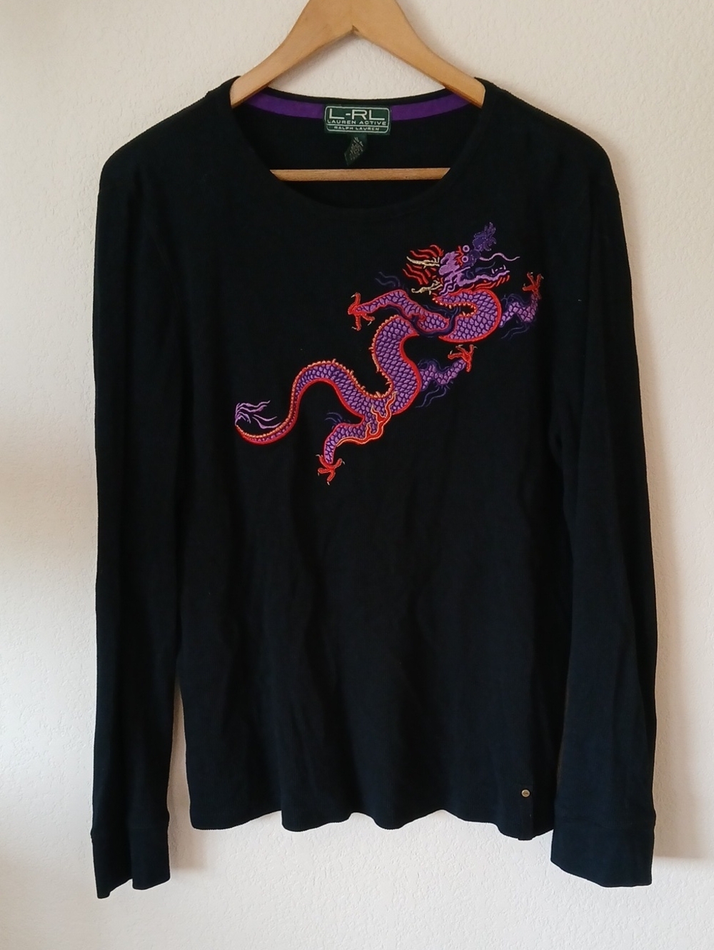 Vintage Ralph Lauren Active Thermal Top Embroidered Purple Chinese Dragon